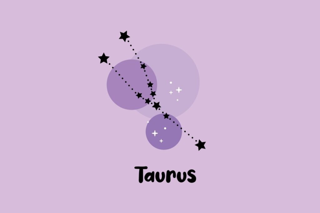 Ilustração da constelação do signo de Touro com estrelas pretas em destaque sobre fundo lilás