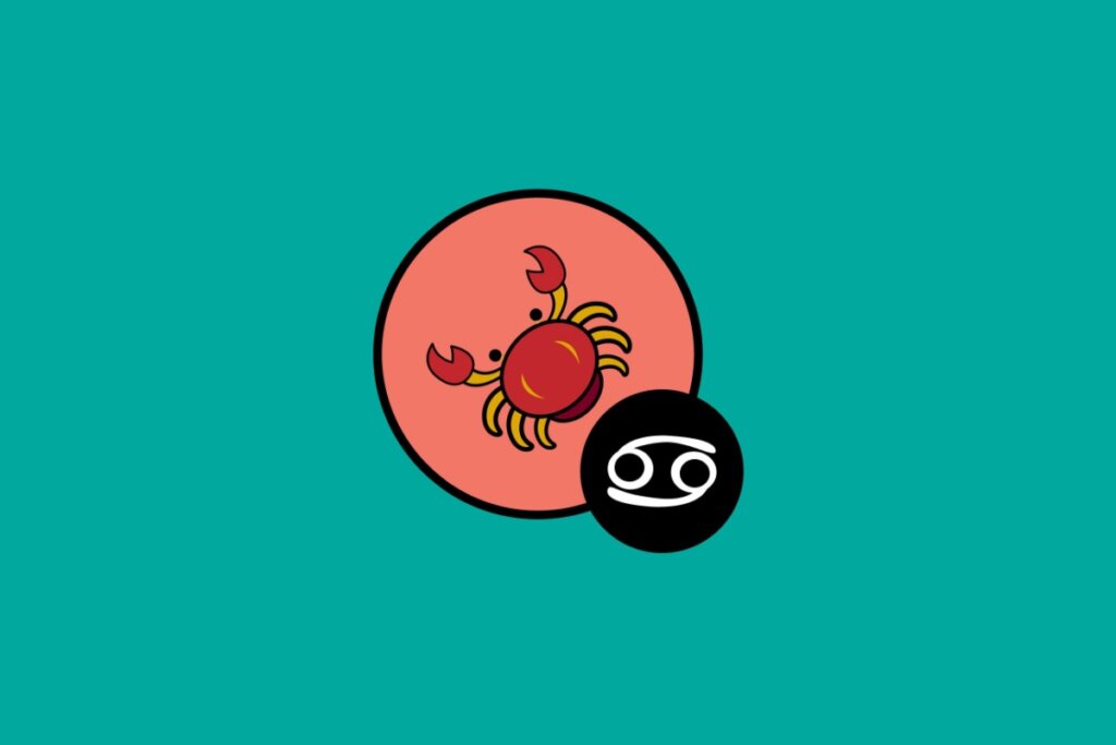 Ilustração do signo de Câncer, em fundo verde-azulado, contendo um caranguejo vermelho com pinças levantadas em um círculo vermelho e o símbolo astrológico em um círculo preto