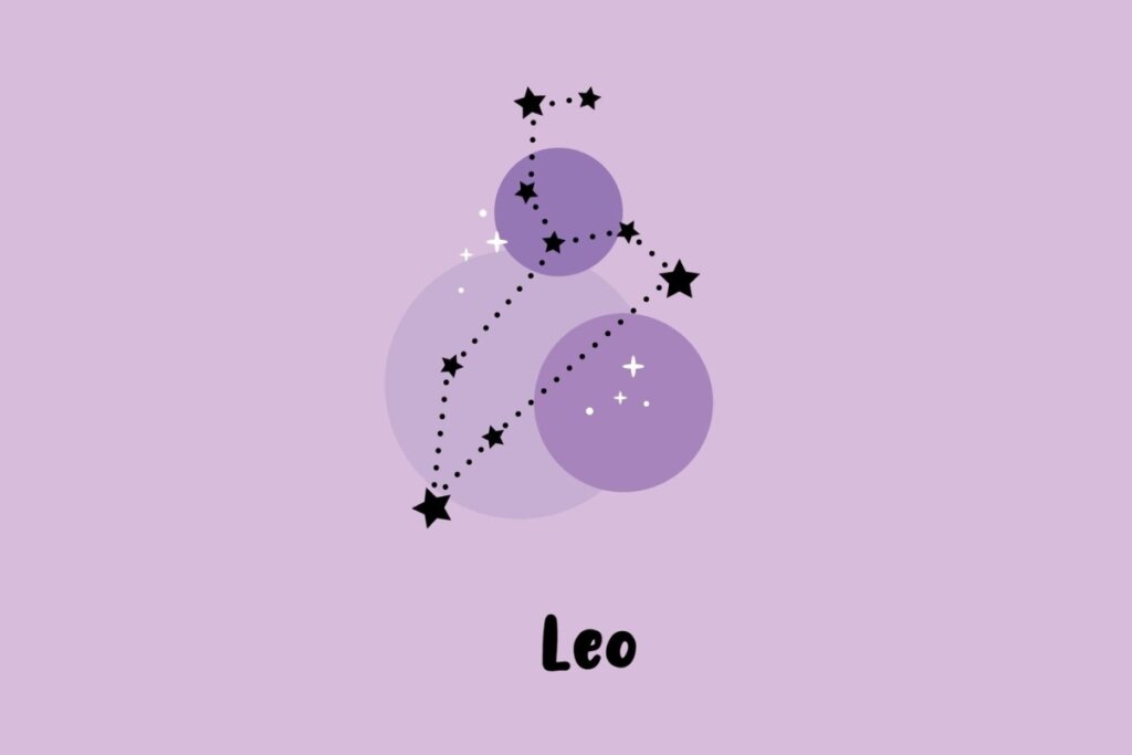 Ilustração da constelação do signo de Leão com estrelas pretas e círculos roxos em fundo lilás