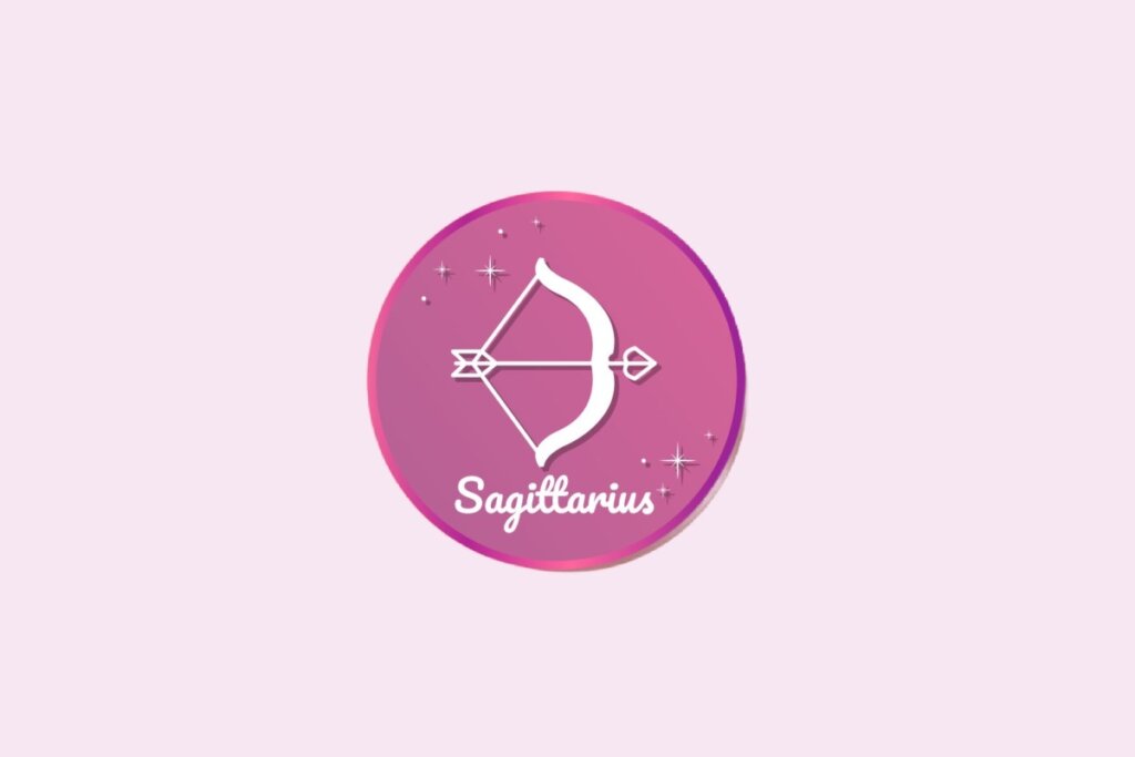 Ilustração do signo de Sagitário, em fundo rosa claro, contendo o símbolo de um arco com flecha tensionada apontando para a direita