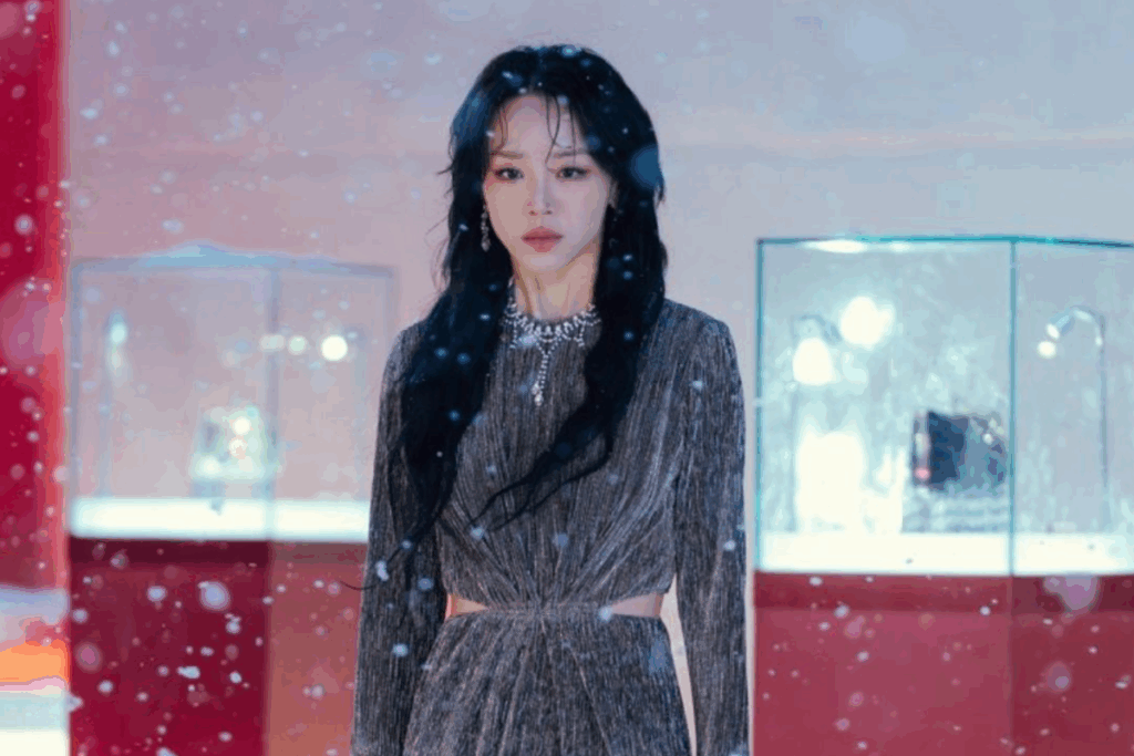 Mulher oriental vestida de forma elegante caminhando em ambiente sofisticado