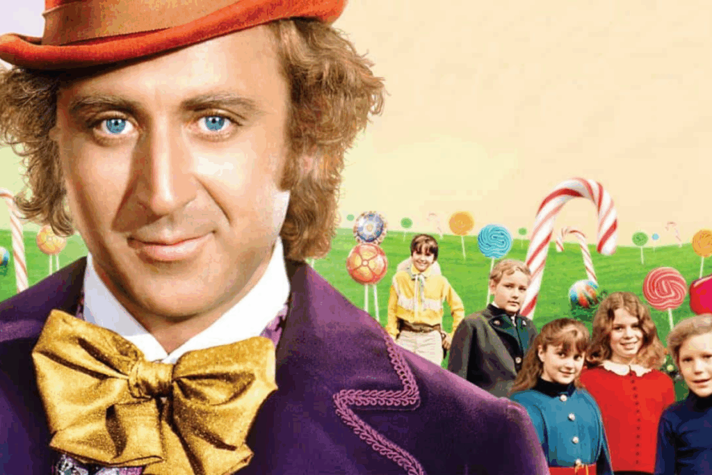 Willy Wonka à frente e as cinco crianças que leva para a fábrica atrás, com fundo de doces coloridos