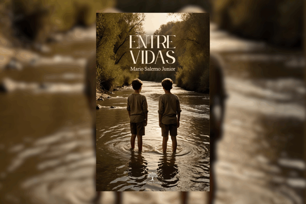capa do livro "Entre Vidas" com dois garotos de costas em pé no rio