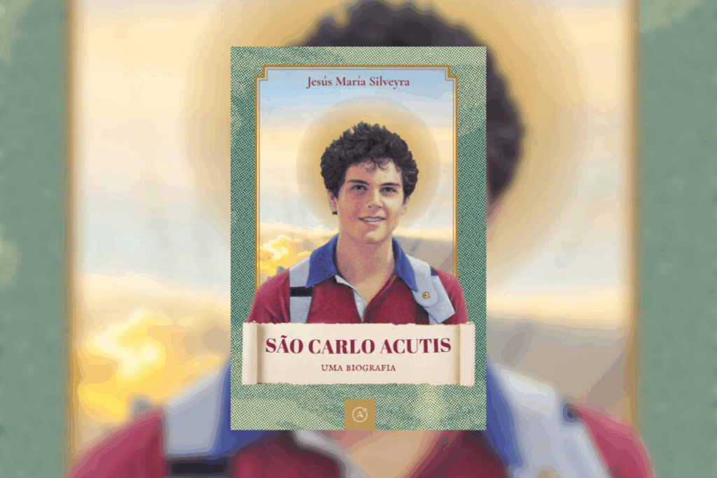 capa do livro "São Carlo Acutis" com borda verde e Carlo Acutis sorrindo