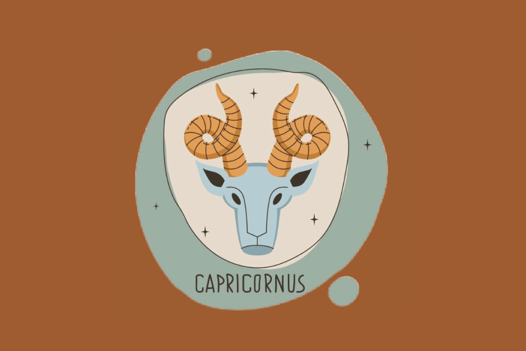 Ilustração da cabeça de uma cabra azulada com grandes chifres espiralados em tom ocre. O desenho possui um estilo místico, envolto por uma moldura verde-claro e fundo marrom