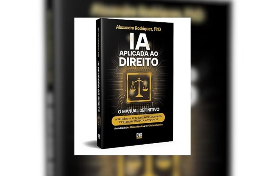 Capa do livro "IA aplicada ao Direito" com  a ilustração de uma balança dourada em um fundo preto 