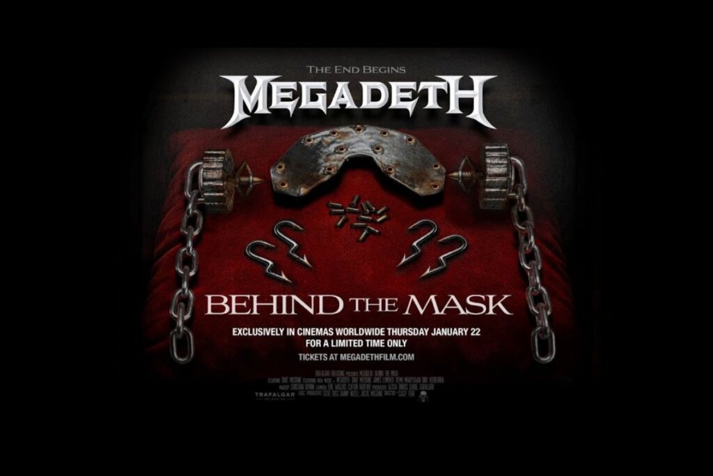 Capa do filme "Megadeth Behind The Mask", com a ilustração de correntes em cima de uma superfíe vermelha