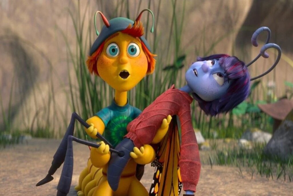 Cena do filme "Monarcas O Conto Das Borboletas", com a ilustração de uma borboleta segurando outra no colo