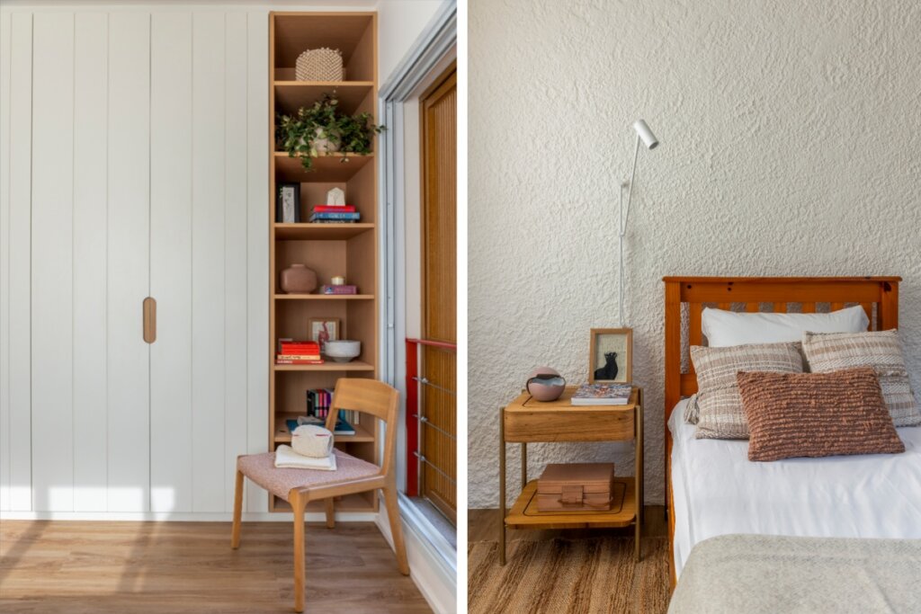 Quarto com armário planejado claro | estante aberta com objetos decorativos e cadeira