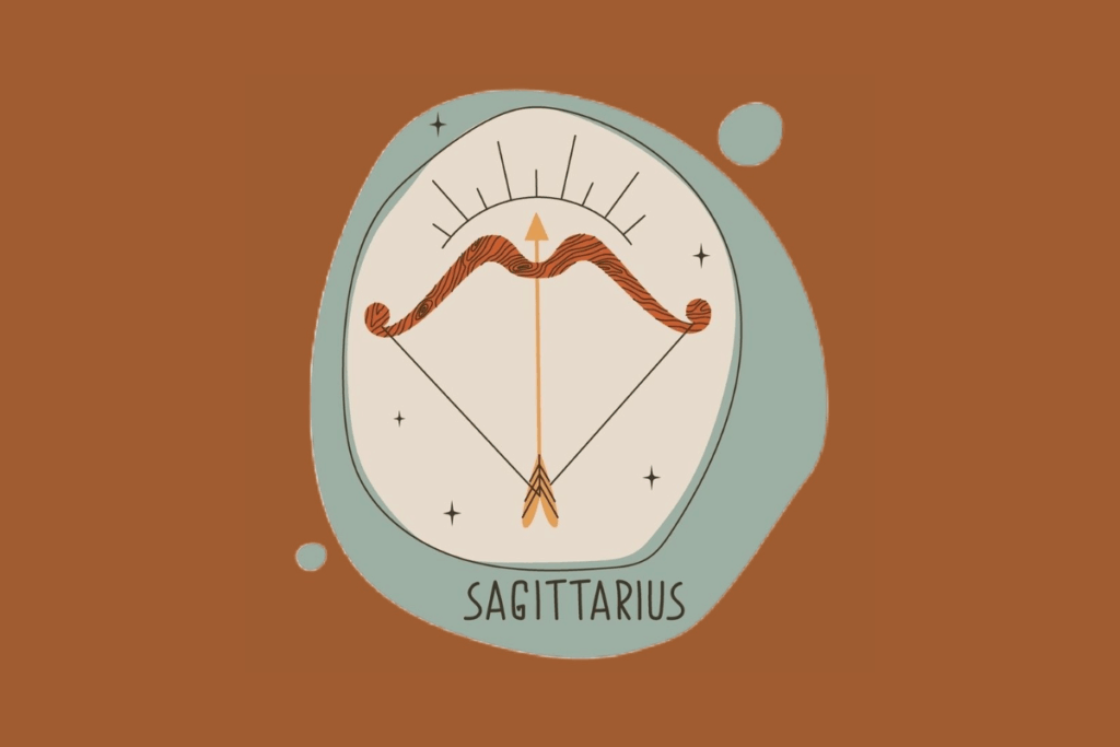 Ilustração do signo de Sagitário mostrando um arco de madeira marrom com uma flecha apontada para cima. O desenho está contido em uma forma arredondada verde-água com pequenos detalhes de faíscas e uma auréola de linhas finas no topo em um fundo marrom