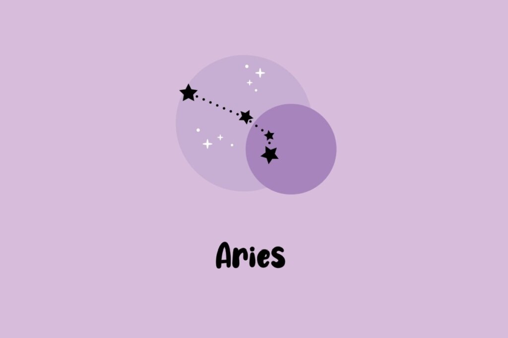 Ilustração da constelação do signo de Áries com estrelas pretas em destaque sobre fundo lilás