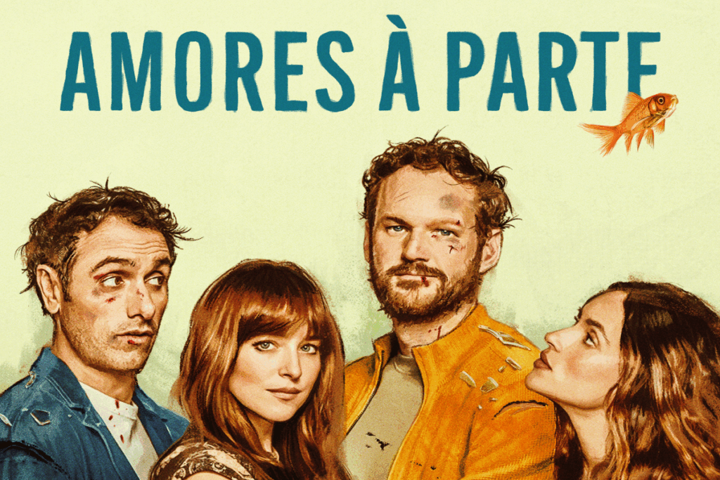 Imagem com dois homens, com ferimentos no rosto e duas mulheres, em fundo amarelo com o nome do filme em azul 