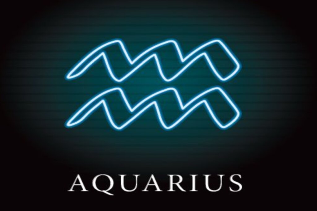 Ilustração do símbolo de aquário em azul néon sobre o nome do signo em inglês