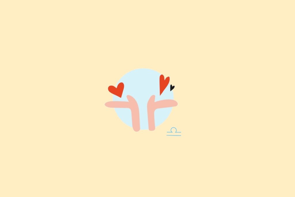 Ilustração de duas mãos com corações em um círculo azul, sobre um fundo amarelo-claro