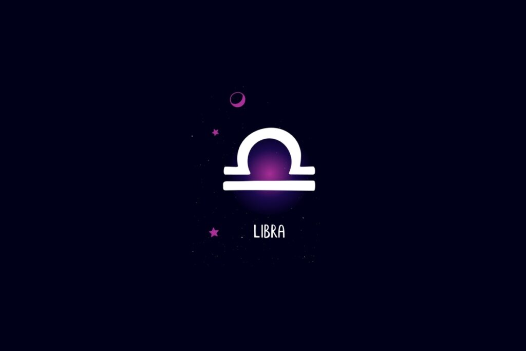 Ilustração do signo de libra, na cor branca, em um fundo azul-escuro, com estrelas roxas ao redor