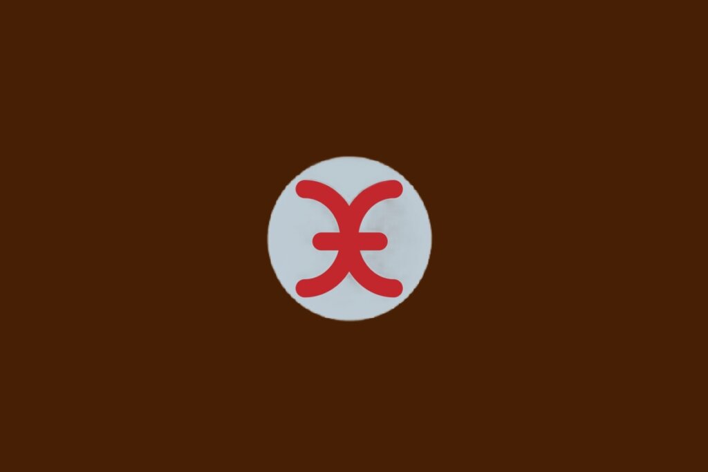 Ilustração do signo de Peixes, com símbolo vermelho com dois arcos curvos ligados por traço, dentro de um círculo cinza sobre fundo marrom-escuro