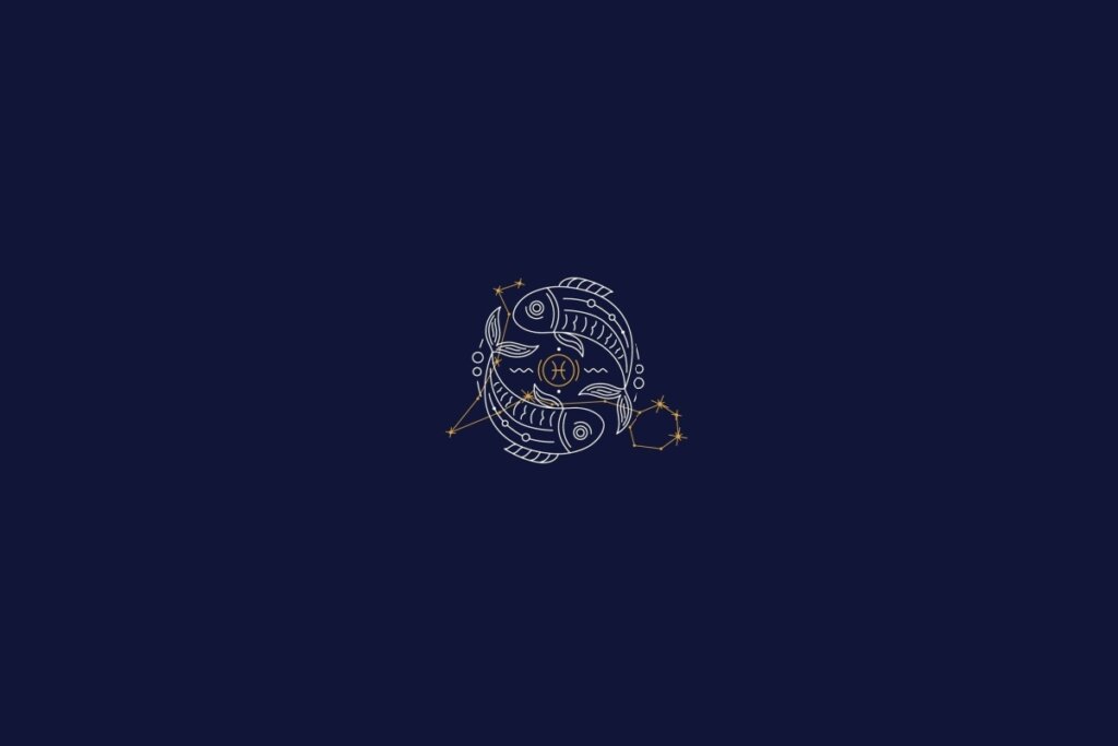 ilustração branca de dois peixes representando o signo de peixes sobre fundo azul-escuro