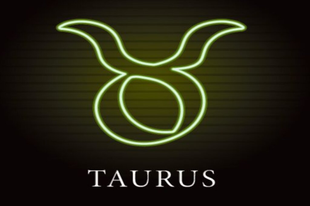 Ilustração do símbolo de touro em verde néon sobre o nome do signo em inglês