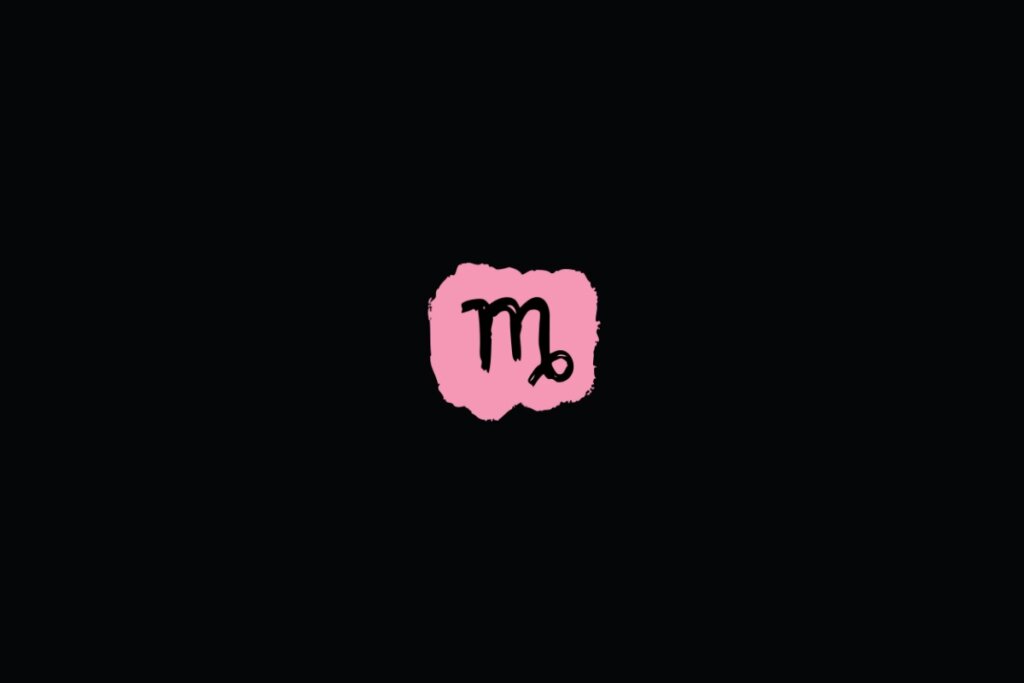 Ilustração do signo de virgem, dentro de uma mancha rosa, sobre um fundo preto