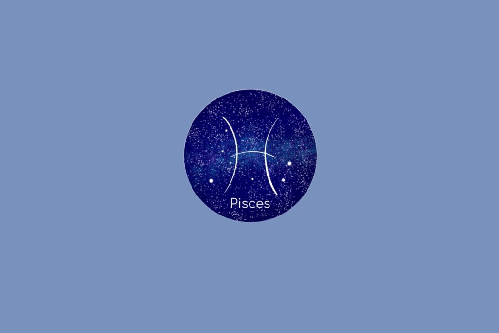 Ilustração do signo de Peixes contendo o símbolo com duas curvas opostas unidas por um traço horizontal central em fundo azul