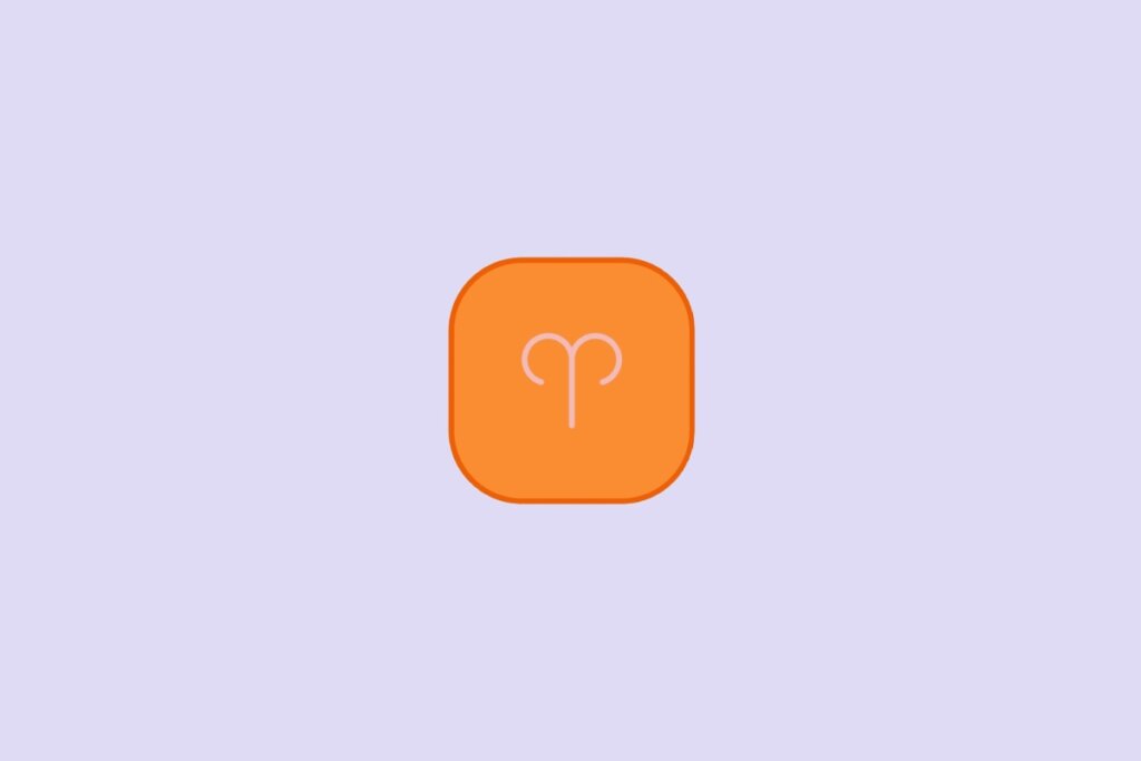 Ícone representando o signo de Áries em fundo lilás, com símbolo laranja em formato de chifres curvados para dentro