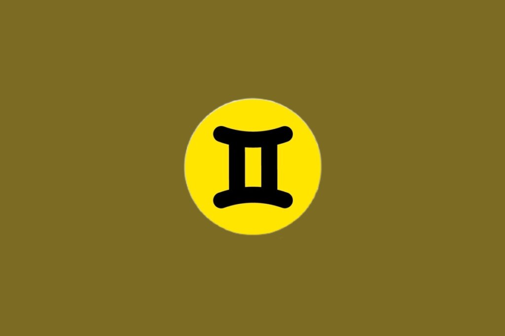 Ilustração do signo de Gêmeos, contendo glifo preto com duas barras verticais unidas por traços horizontais, em círculo amarelo, em um fundo marrom