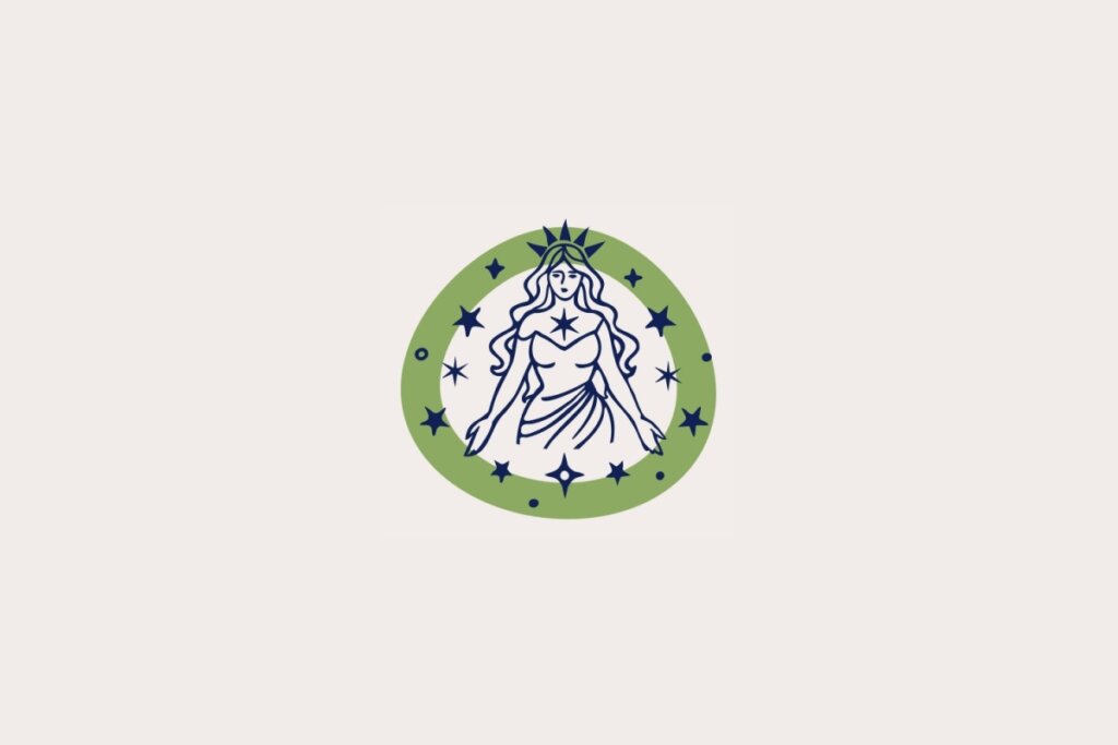 Ilustração do signo de Virgem, em fundo bege-claro, contendo uma figura feminina de braços abertos com uma estrela no peito dentro de uma moldura verde com estrelas