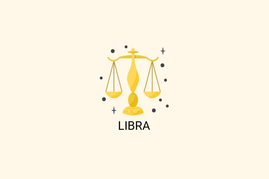 Ilustração do signo de Libra, em fundo bege-claro, contendo uma balança amarela equilibrada