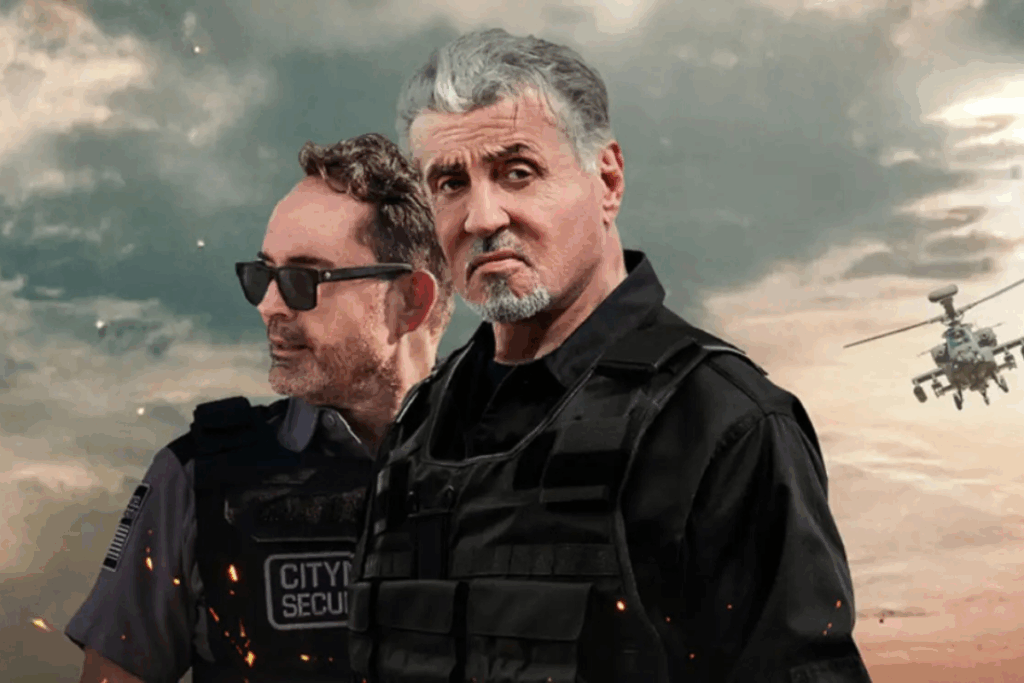 Pôster promocional do filme 'Blindado'. Em destaque, o ator Sylvester Stallone com expressão séria, usando um colete tático preto. Ao fundo, outro homem de óculos escuros, um helicóptero militar e um céu nublado com faíscas de fogo