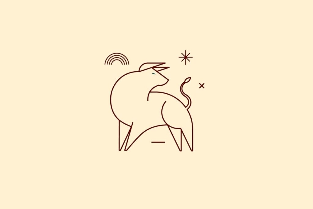 Ilustração minimalista em linhas marrons de um búfalo robusto com chifres, sobre um fundo bege. Pequenas formas de arco-íris e estrelas estão posicionadas ao redor do animal.