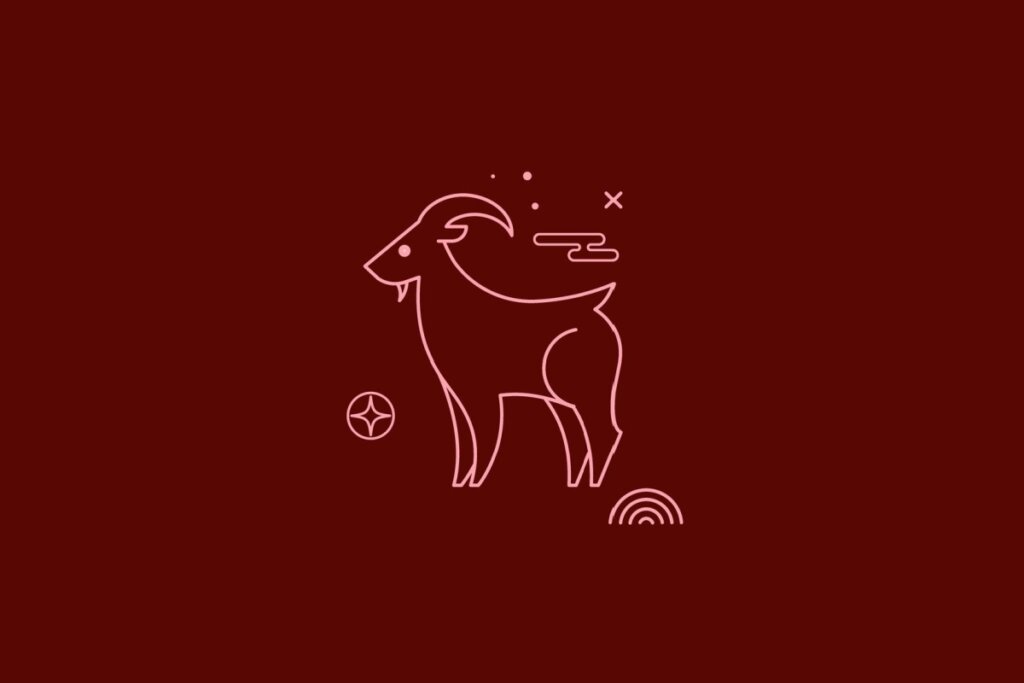 Ilustração minimalista em linhas cor-de-rosa de uma cabra de perfil, sobre um fundo bordô. Ao redor, elementos decorativos como nuvens estilizadas, estrelas e um semicírculo.