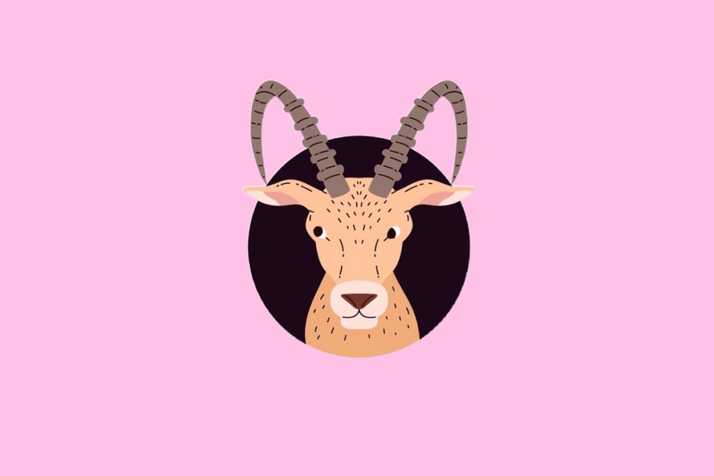 Ilustração da cabeça de uma cabra de cor bege, com chifres longos, curvados e anelados em tons de cinza