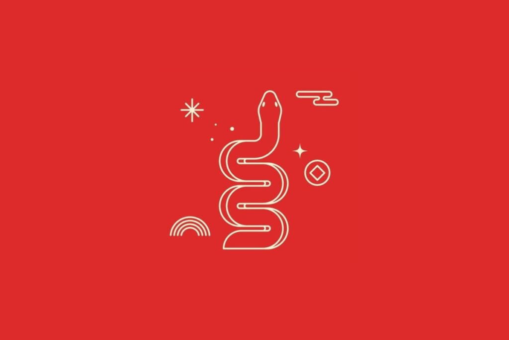 Ilustração minimalista em linhas claras de uma cobra posicionada verticalmente em zigue-zague, sobre um fundo vermelho. Decorada com símbolos de nuvens, moedas e estrelas.