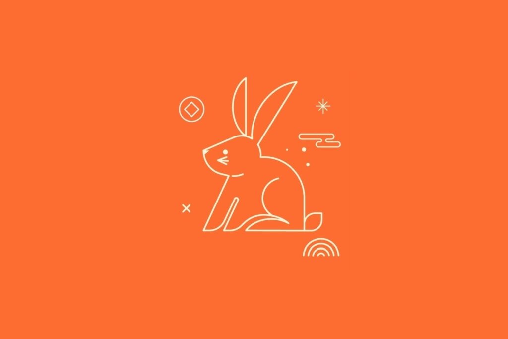 Ilustração minimalista em linhas claras de um coelho sentado com orelhas longas e pontiagudas, sobre um fundo laranja vibrante. Ao redor do animal, há elementos decorativos como uma moeda chinesa, uma estrela de oito pontas, nuvens estilizadas e um semicírculo com linhas concêntricas.