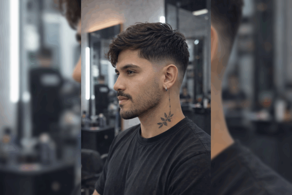 Homem visto de perfil com corte taper, degradê suave nas laterais e topo médio