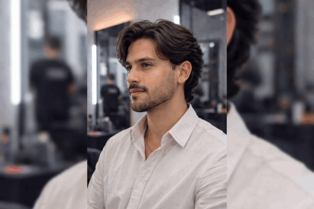 Homem visto de frente e perfil com corte social feito na tesoura e fios médios