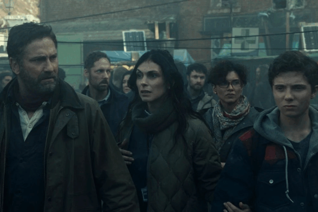 Em um cenário apocalíptico e enevoado, um grupo de pessoas caminha com expressões de tensão e preocupação. Em primeiro plano, à esquerda, o ator Gerard Butler veste uma jaqueta marrom e encara algo fora do campo de visão. Ao centro, a atriz Morena Baccarin usa um casaco acolchoado verde e aparenta estar em alerta. À direita, um jovem de capuz observa a situação com seriedade. O fundo mostra estruturas improvisadas e uma luz fria e acinzentada.