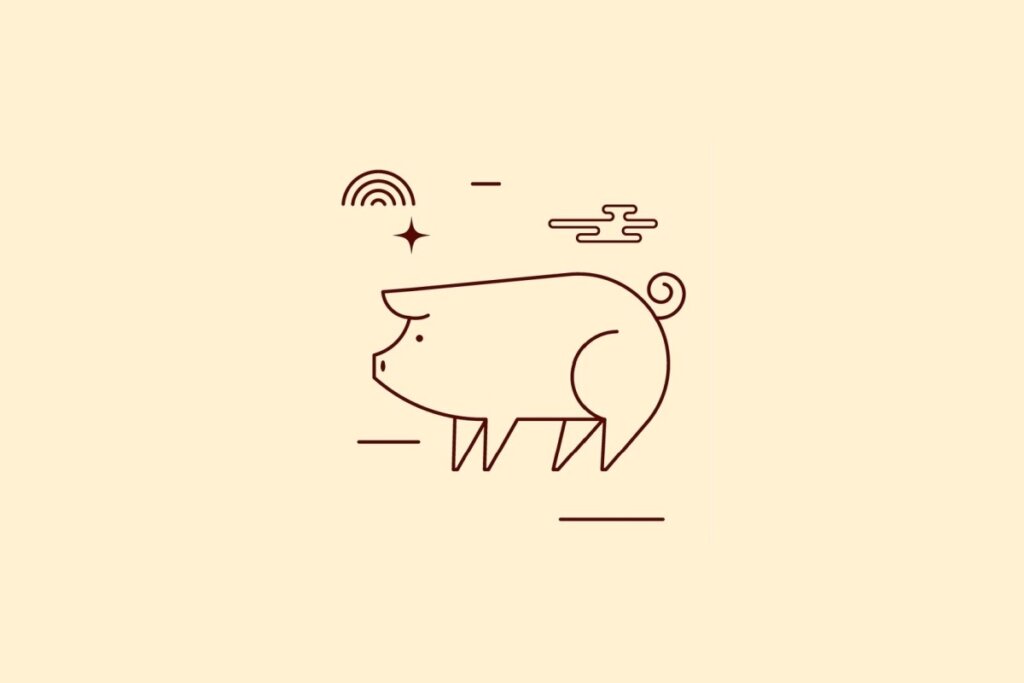 Ilustração minimalista em linhas marrons de um porco com rabo em espiral, sobre um fundo bege. Elementos decorativos lineares e uma pequena estrela cercam o animal.