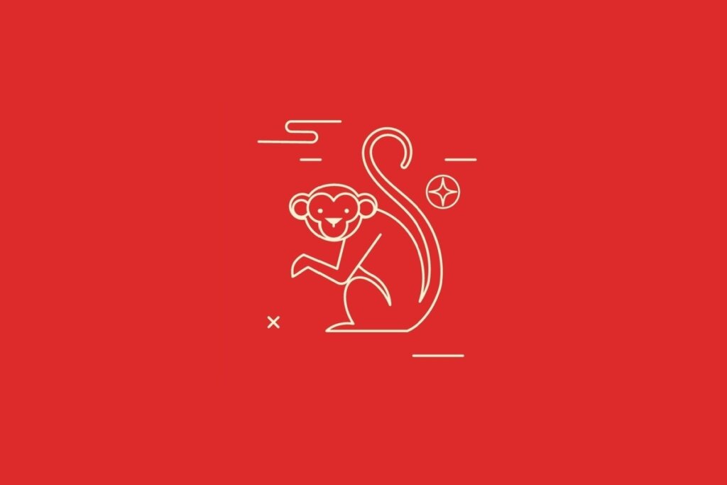 Ilustração minimalista em linhas claras de um macaco sentado com uma cauda longa e curva, sobre um fundo vermelho. Há pequenos símbolos geométricos flutuando ao redor.