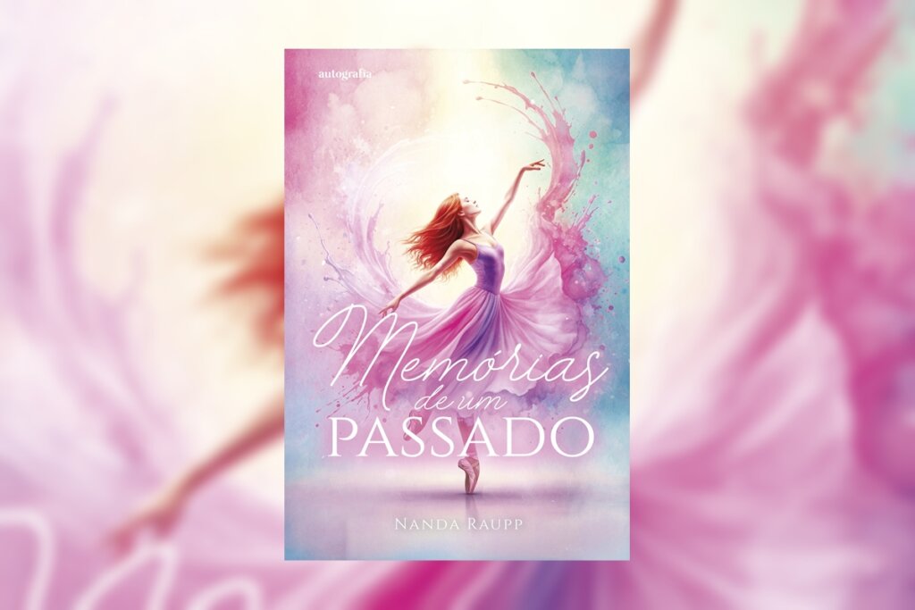 Capa do livro "Memórias de um passado", com a ilustração de uma bailarina em frente a um fundo roxo, rosa e azul-claro 