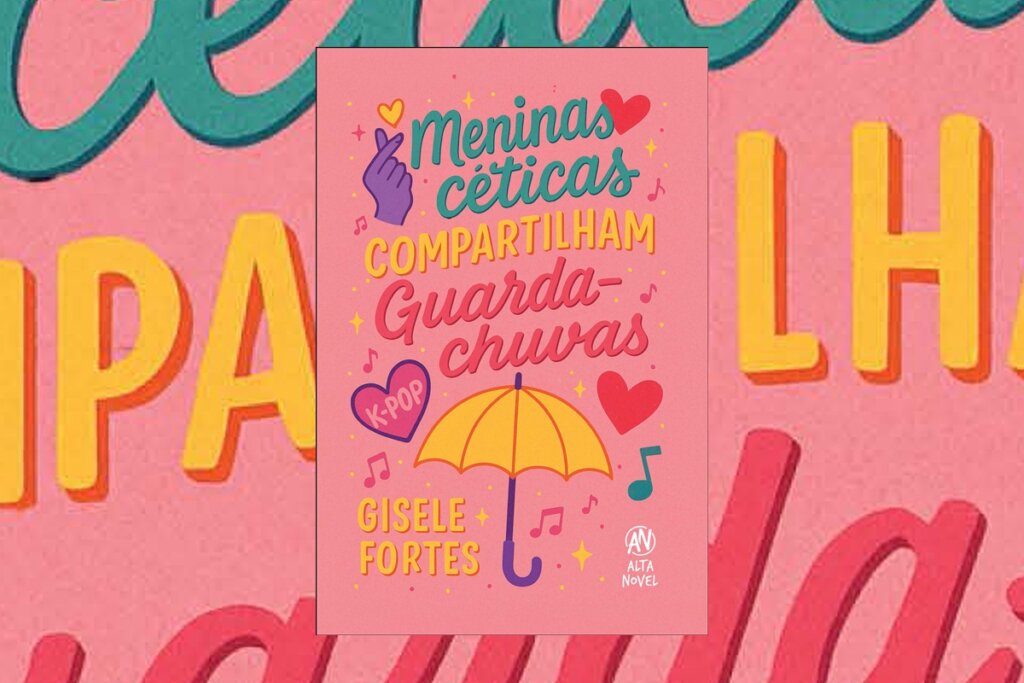 Capa do livro "Meninas céticas compartilham guarda-chuva", com a ilustração de um guarda-chuva amarelo em um fundo rosa 
