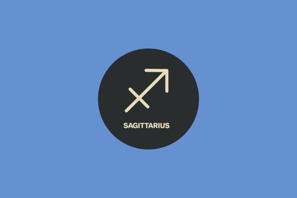 Círculo preto com ilustração bege do nome e símbolo do signo de sagitário sobre fundo azul