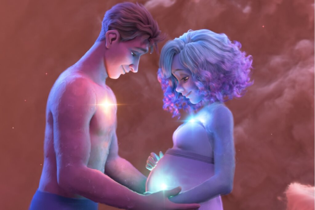 Cena de animação 3D com tons suaves e mágicos. Um homem e uma mulher grávida, ambos com a pele em tons de azul e lilás e cabelos estilizados, estão de perfil um para o outro. Eles tocam suavemente a barriga da mulher, que emana uma luz brilhante e mística. Pequenas estrelas ou pontos de luz brilham no peito de ambos e no ambiente ao redor, que possui um fundo nebuloso em tons de terracota.
