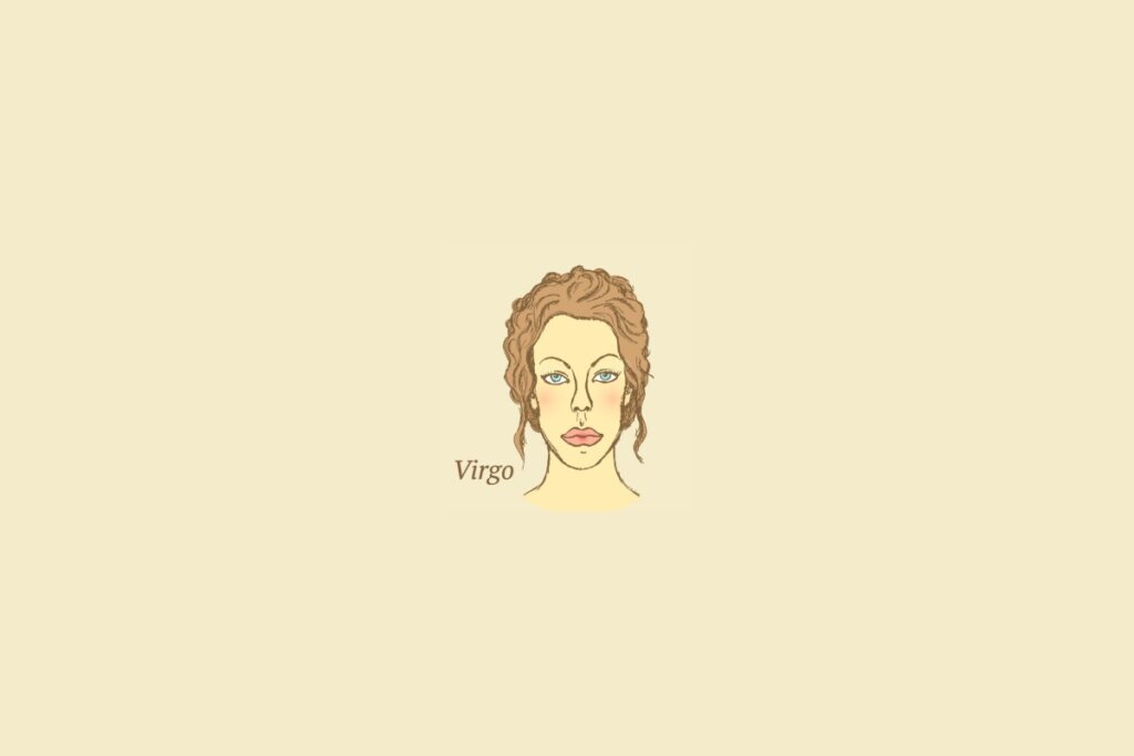 Ilustração do signo de virgem centralizado, com o nome do signo embaixo, em um fundo amarelo
