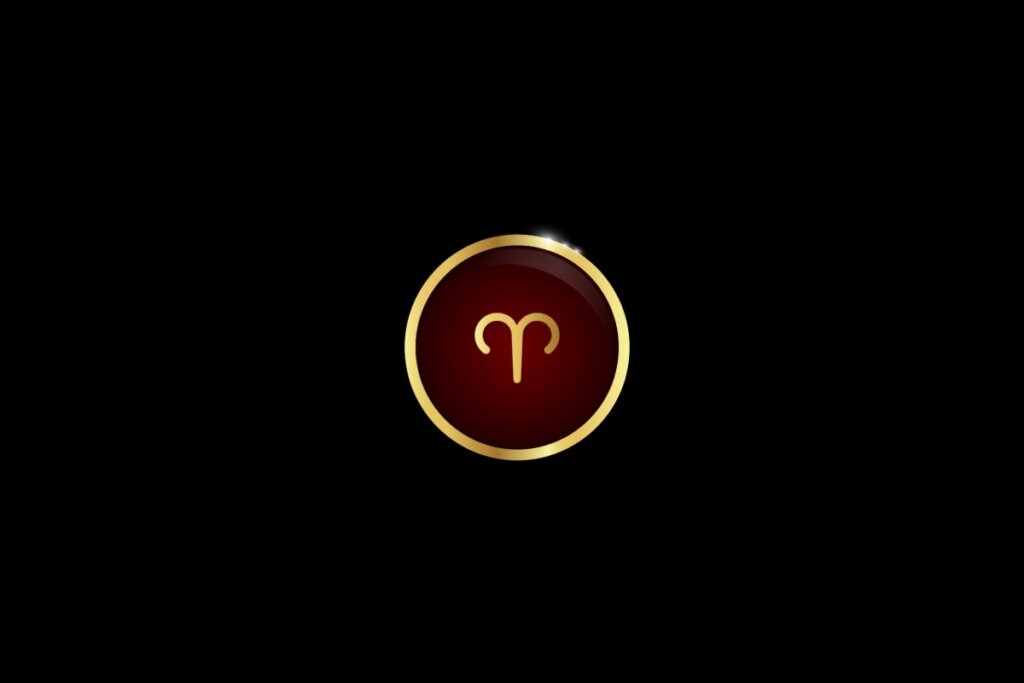 Ilustração do signo de áries dentro de um círculo dourado, iluminado com uma luz vermelha, em um fundo preto