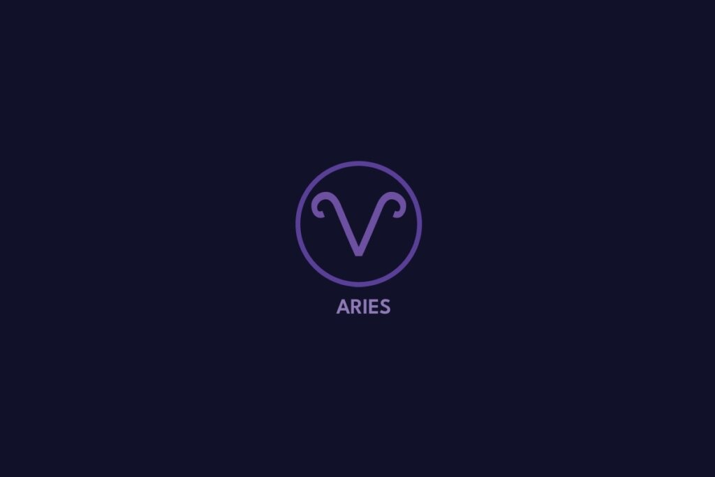 Ilustração do signo de áries na cor roxa, com círculo roxo ao redor e o nome do signo abaixo, sobre um fundo roxo 