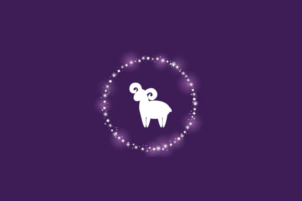 Ilustração do símbolo do signo de Áries com um carneiro branco, centralizado em um círculo de pontos brilhantes em fundo roxo