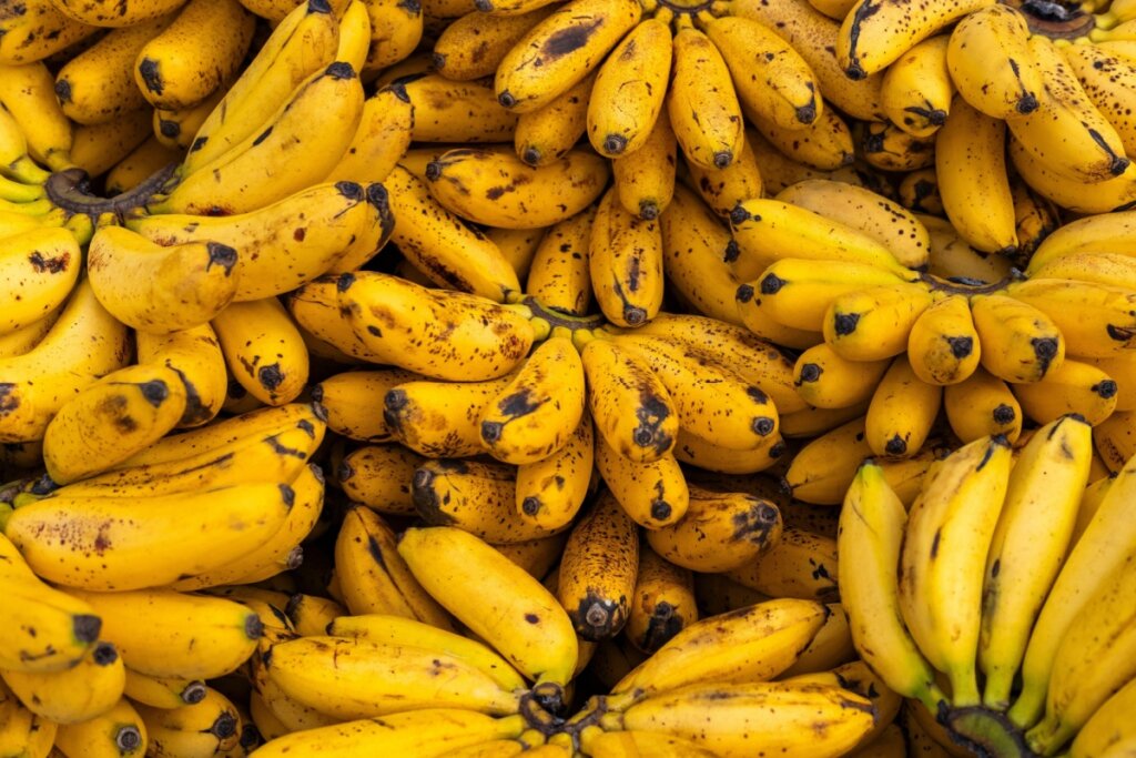 Diversas bananas maduras agrupadas, com casca amarela intensa e marcas naturais de amadurecimento