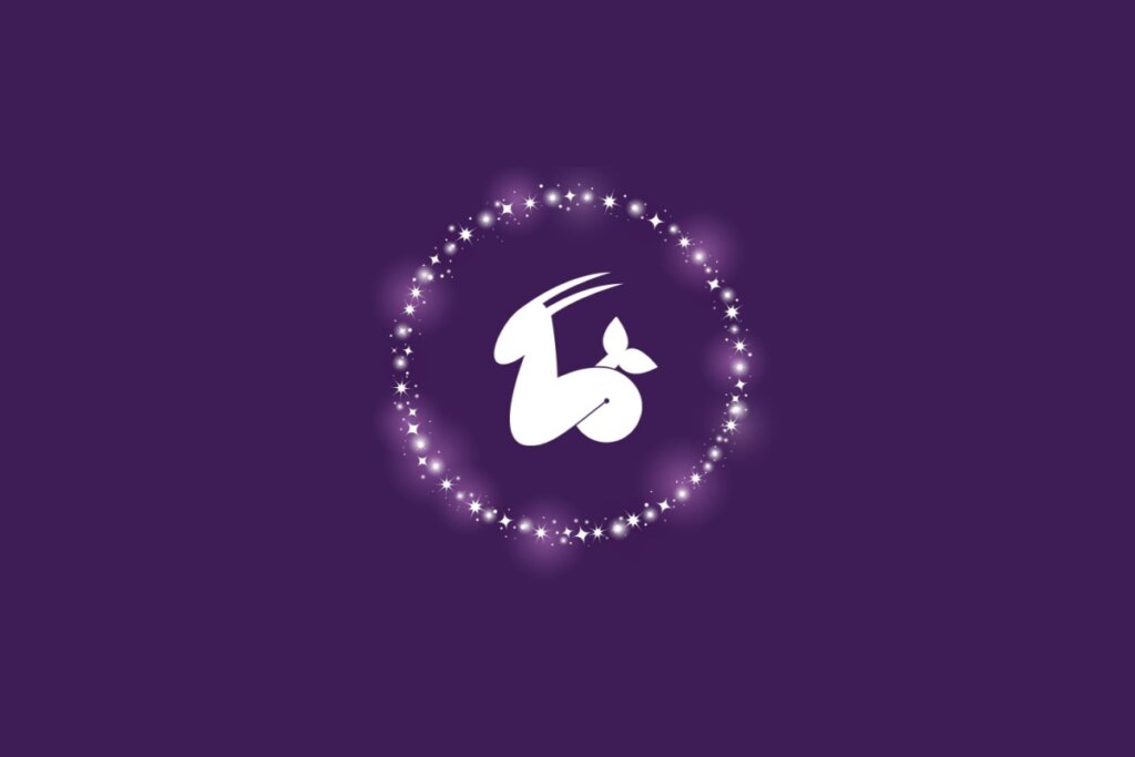 Símbolo do signo de Capricórnio representado por uma cabra com cauda de peixe, em branco, cercada por um círculo de pontos brilhantes sobre fundo roxo