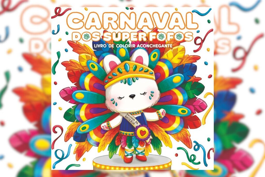 Capa do livro "Carnaval dos Superfofos", com a ilustração de um coelho com fantasia colorida em um fundo branco 